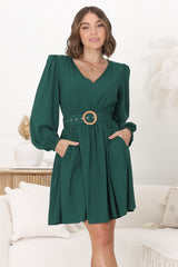 Lyna Mini Dress - A-Line Dress with Statement Rattan Buckle Belt in Emerald