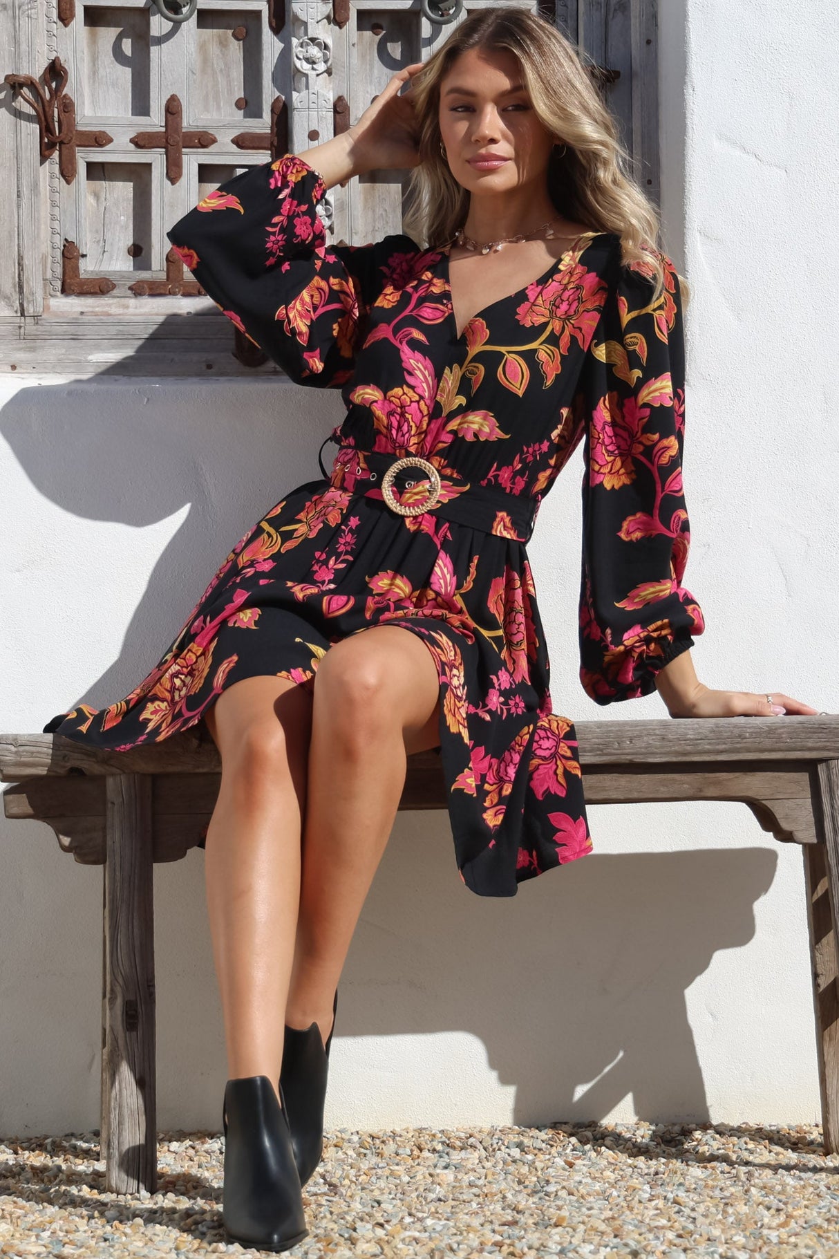 Lyna Mini Dress - A Line Dress with Statement Rattan Buckle Belt in Valerie Print