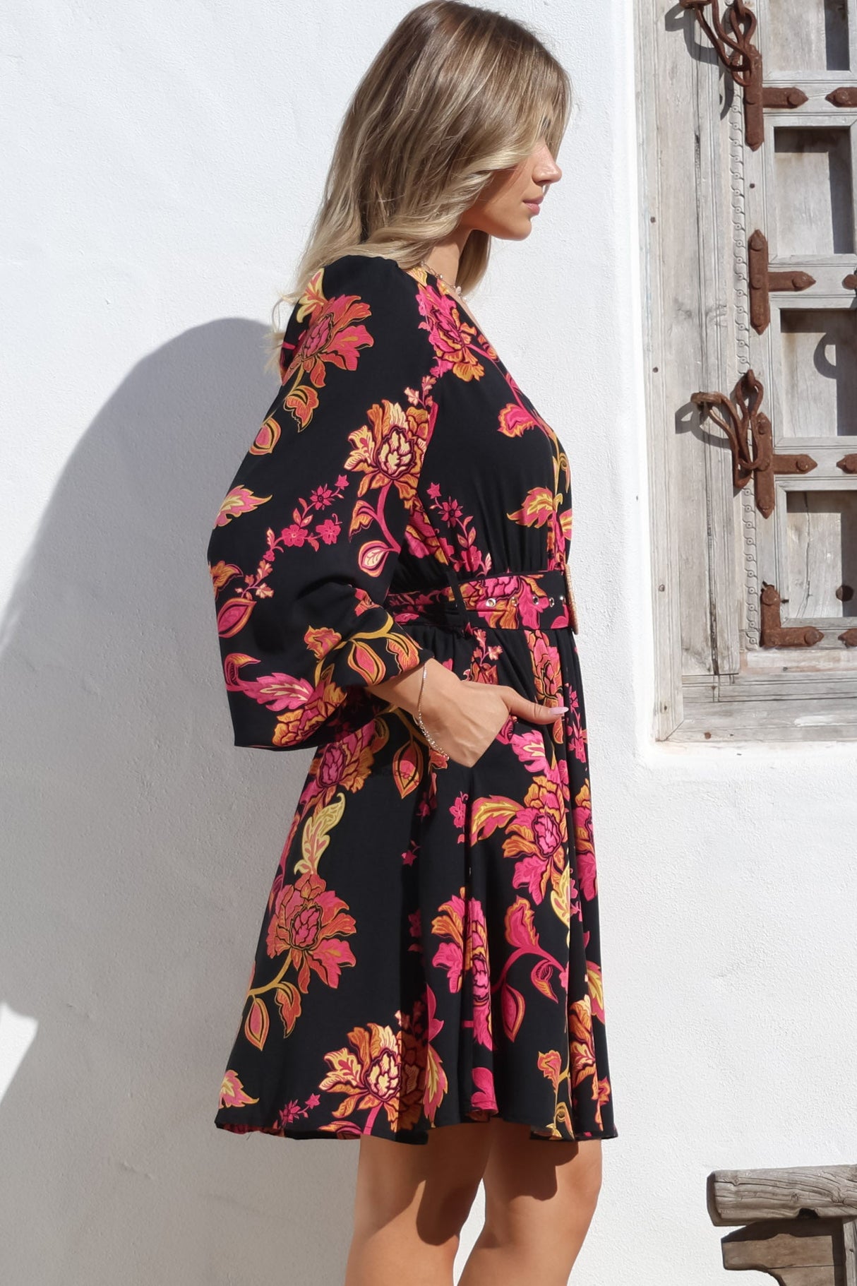 Lyna Mini Dress - A Line Dress with Statement Rattan Buckle Belt in Valerie Print