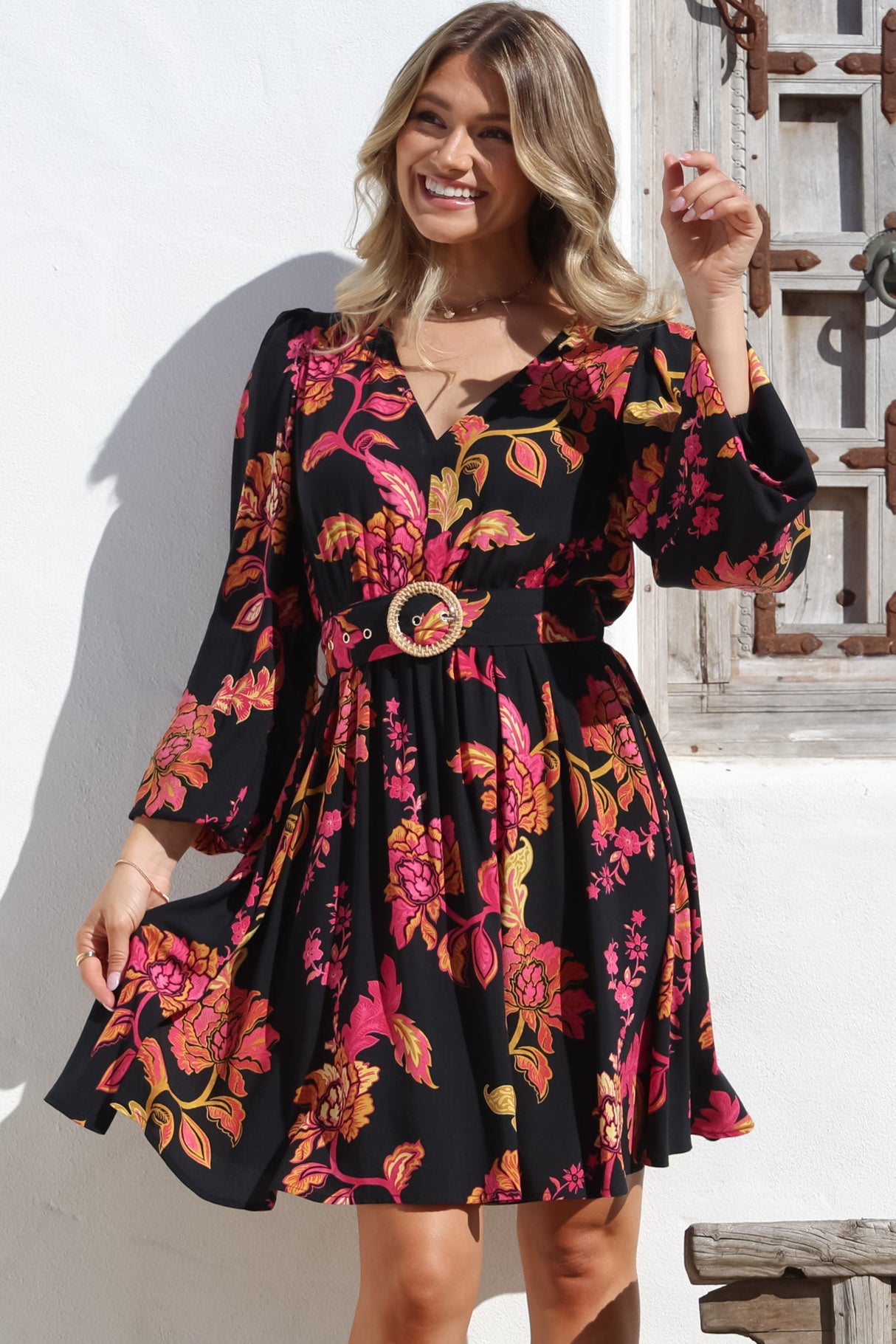 Lyna Mini Dress - A Line Dress with Statement Rattan Buckle Belt in Valerie Print