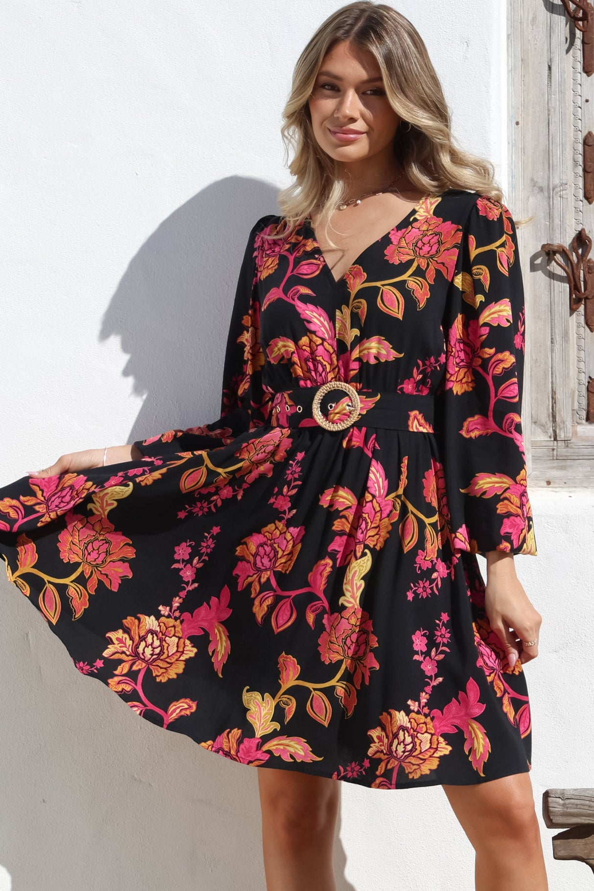 Lyna Mini Dress - A Line Dress with Statement Rattan Buckle Belt in Valerie Print