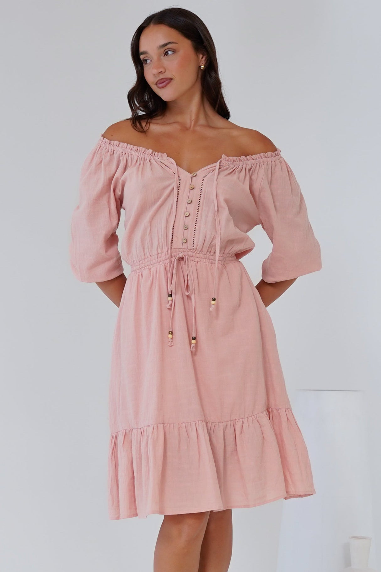 Lyndall Mini Dress - On or Off Shoulder A-Line Dress with Buttoned Bodice in Rose