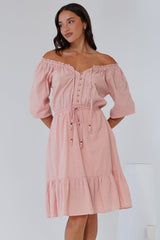 Lyndall Mini Dress - On or Off Shoulder A-Line Dress with Buttoned Bodice in Rose