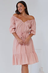Lyndall Mini Dress - On or Off Shoulder A-Line Dress with Buttoned Bodice in Rose