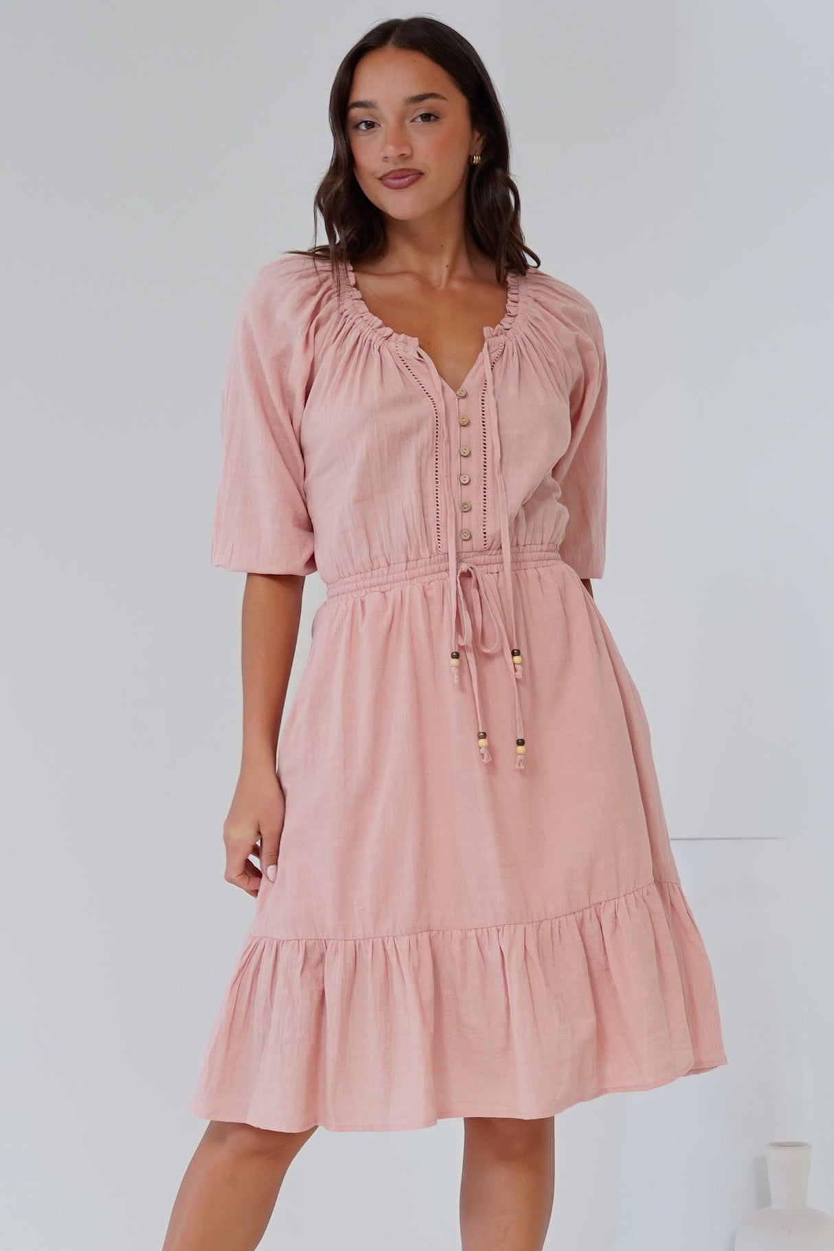 Lyndall Mini Dress - On or Off Shoulder A-Line Dress with Buttoned Bodice in Rose