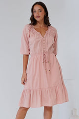 Lyndall Mini Dress - On or Off Shoulder A-Line Dress with Buttoned Bodice in Rose