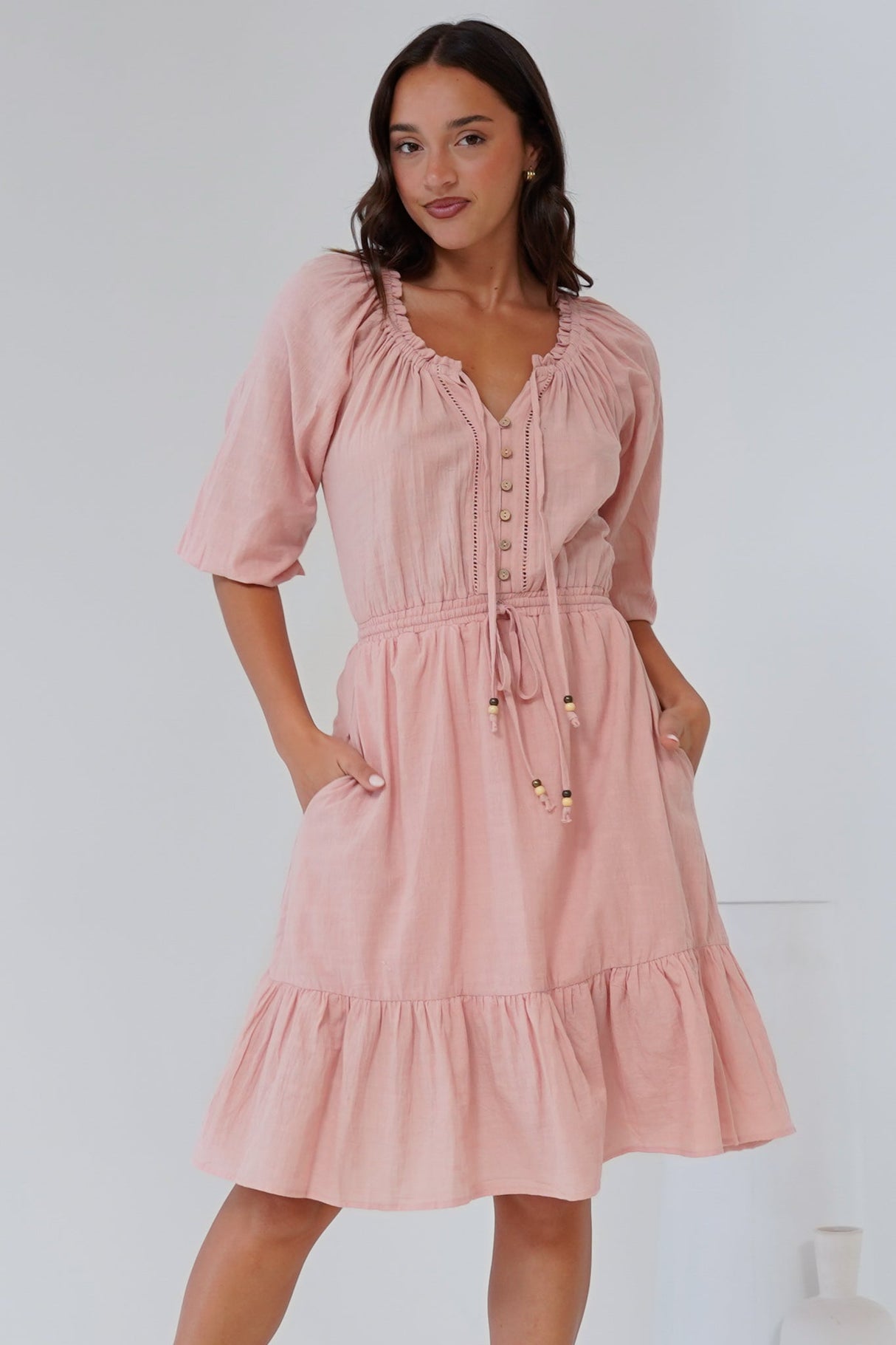 Lyndall Mini Dress - On or Off Shoulder A-Line Dress with Buttoned Bodice in Rose