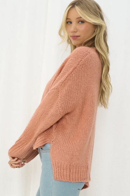 Lynell Jumper - Long Sleeve High Low Knit Jumper in Salmon