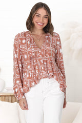 Lynn Blouse - Button Down Smock Top with Long Cuffed Sleeves in Cailan Print Rust