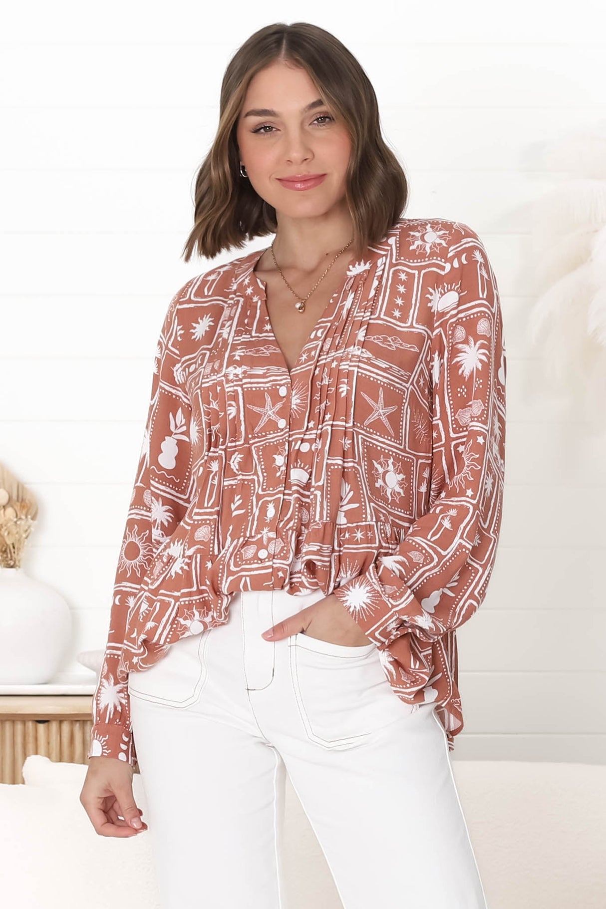 Lynn Blouse - Button Down Smock Top with Long Cuffed Sleeves in Cailan Print Rust