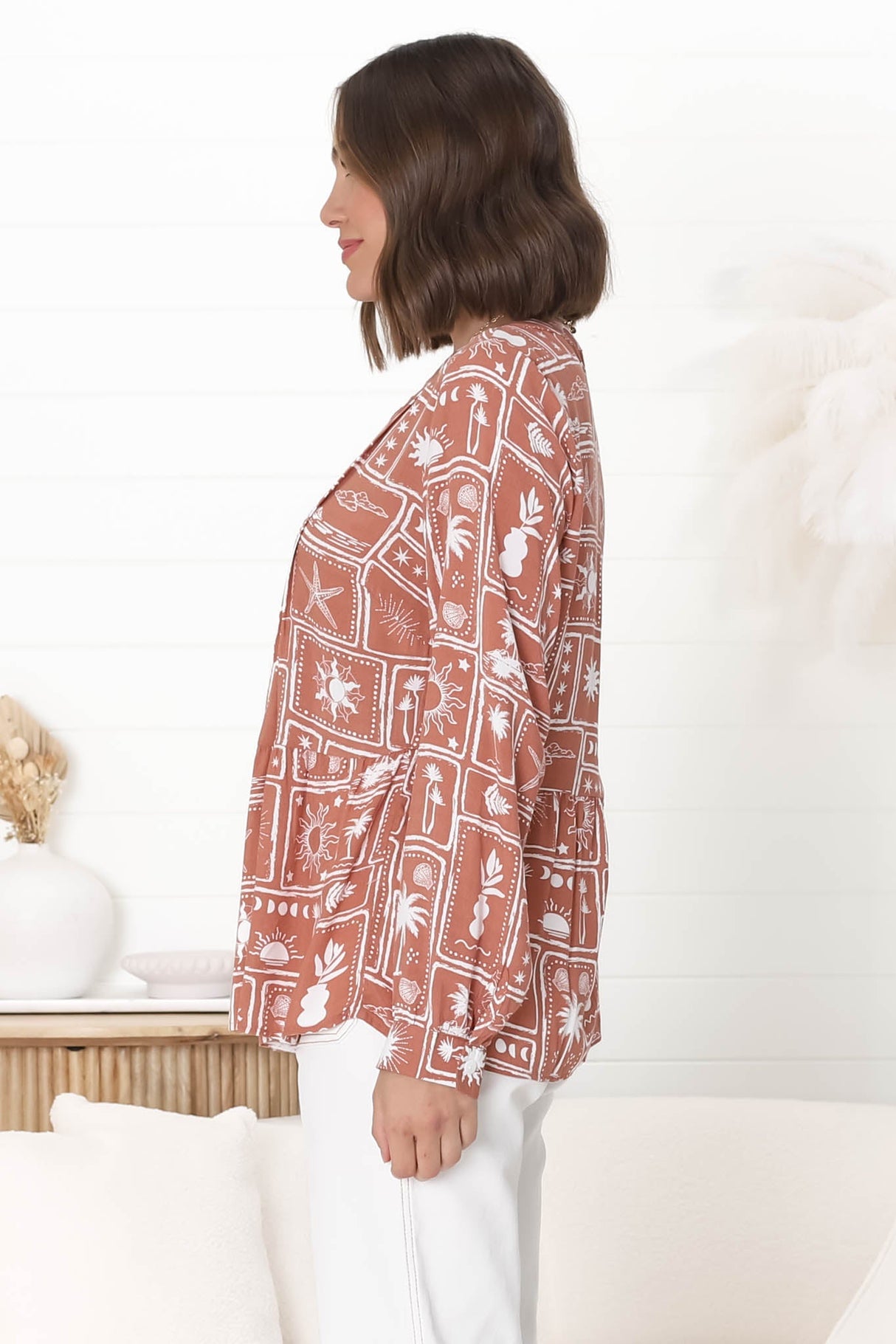 Lynn Blouse - Button Down Smock Top with Long Cuffed Sleeves in Cailan Print Rust