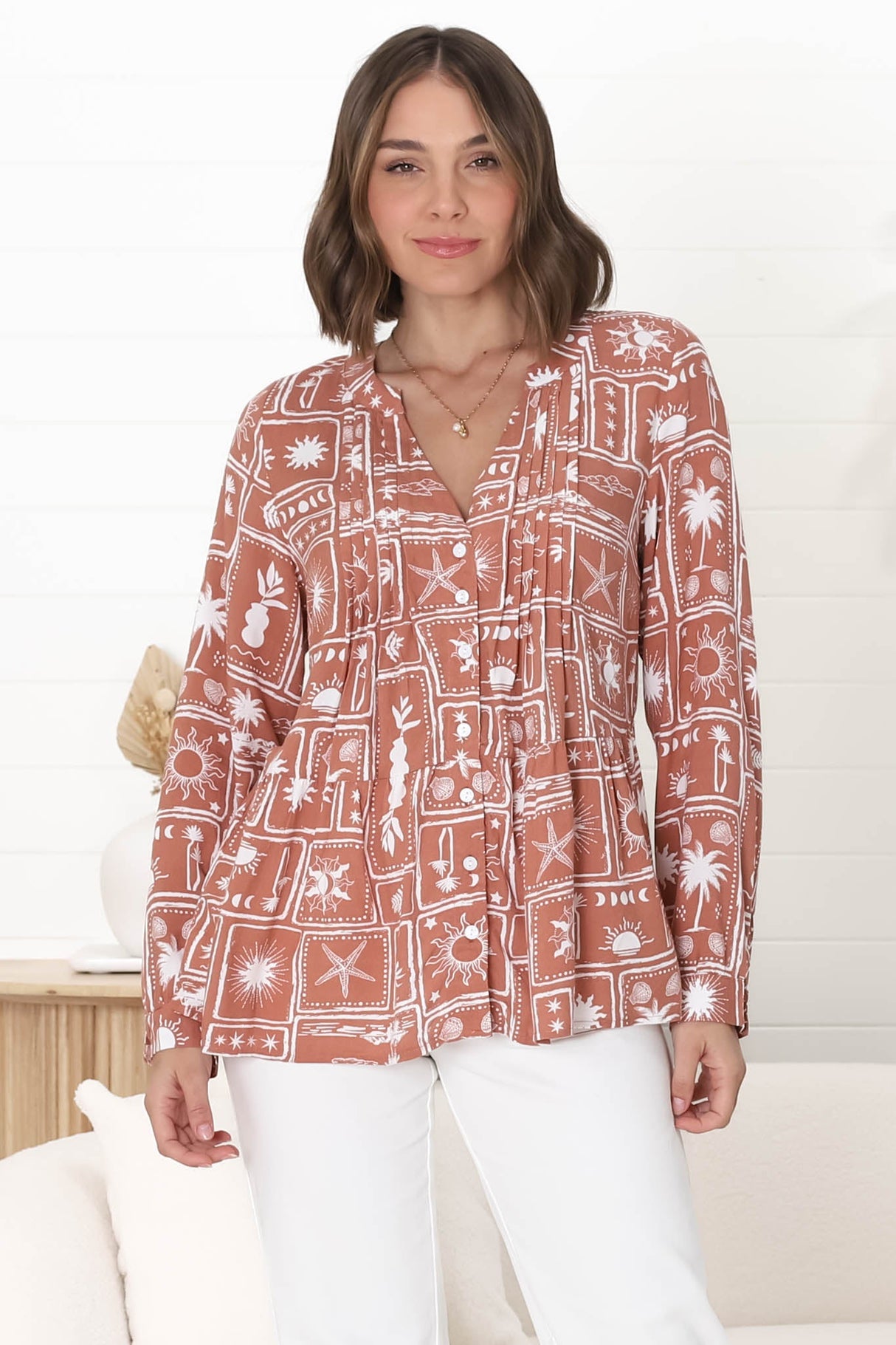 Lynn Blouse - Button Down Smock Top with Long Cuffed Sleeves in Cailan Print Rust