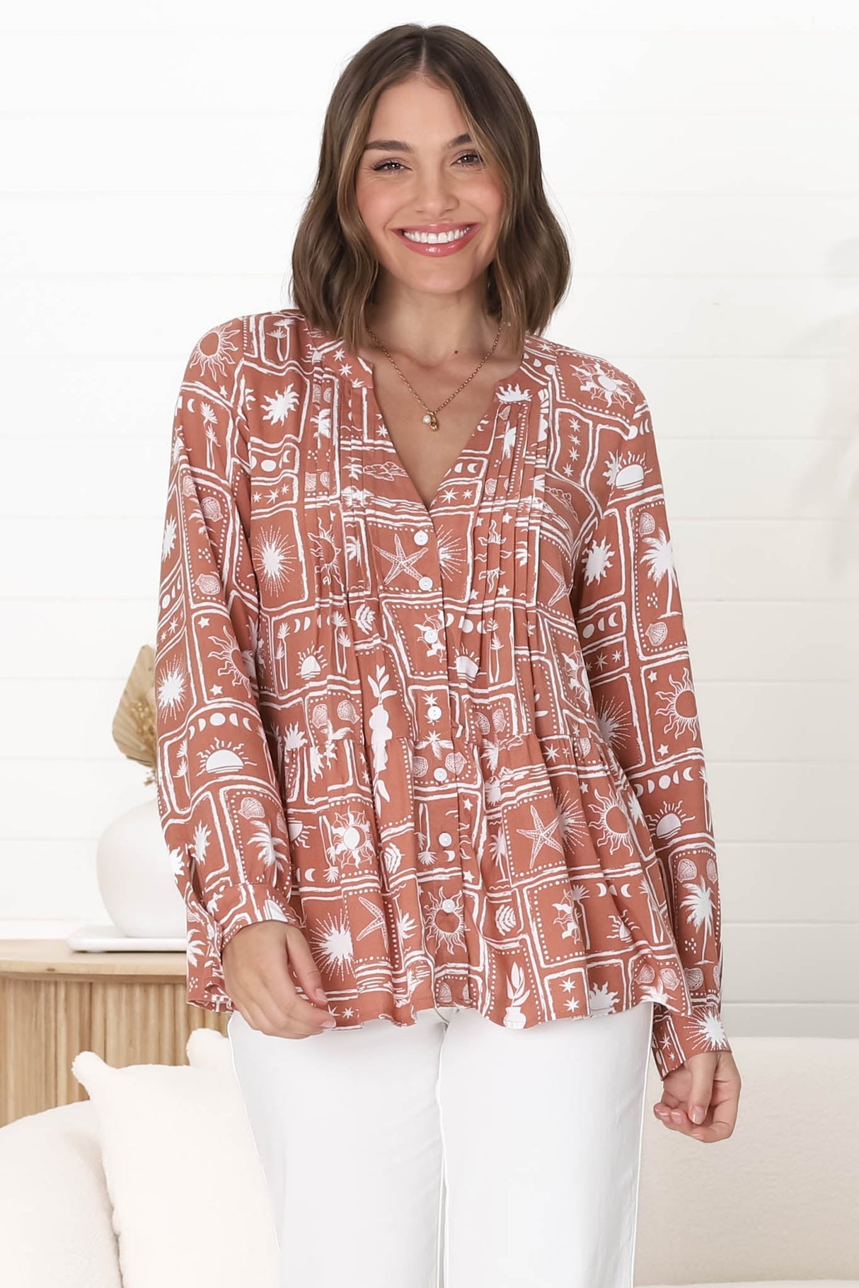 Lynn Blouse - Button Down Smock Top with Long Cuffed Sleeves in Cailan Print Rust