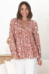 Lynn Blouse - Button Down Smock Top with Long Cuffed Sleeves in Cailan Print Rust