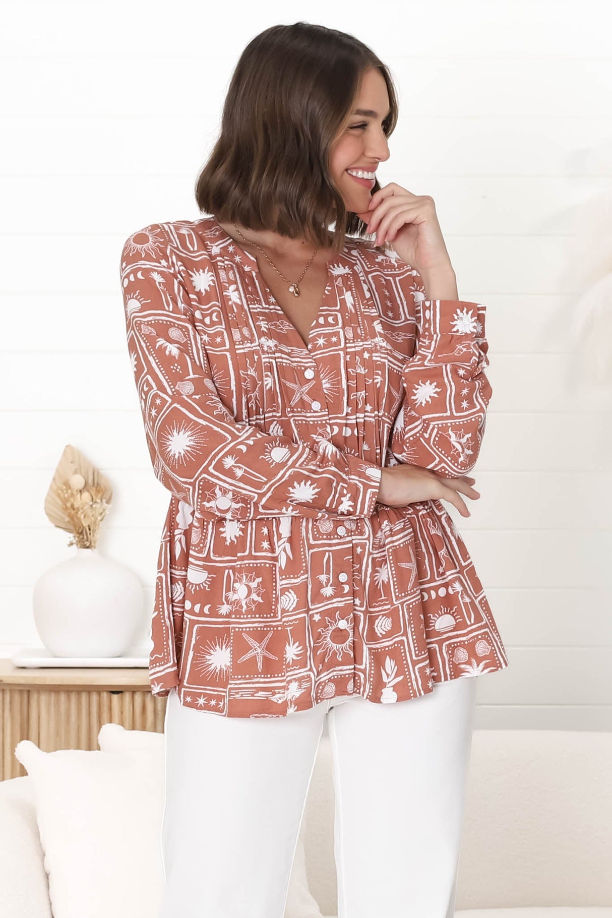 Lynn Blouse - Button Down Smock Top with Long Cuffed Sleeves in Cailan Print Rust