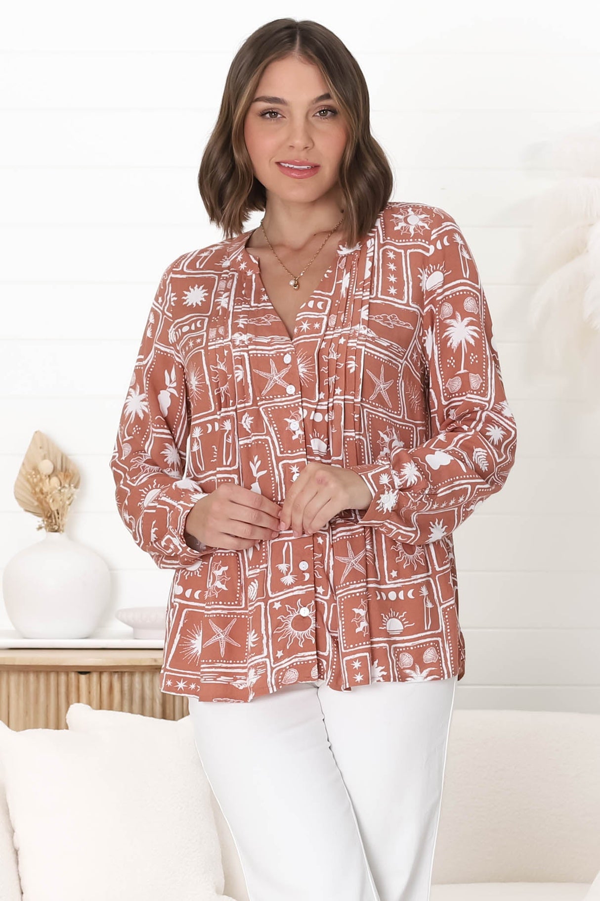 Lynn Blouse - Button Down Smock Top with Long Cuffed Sleeves in Cailan Print Rust