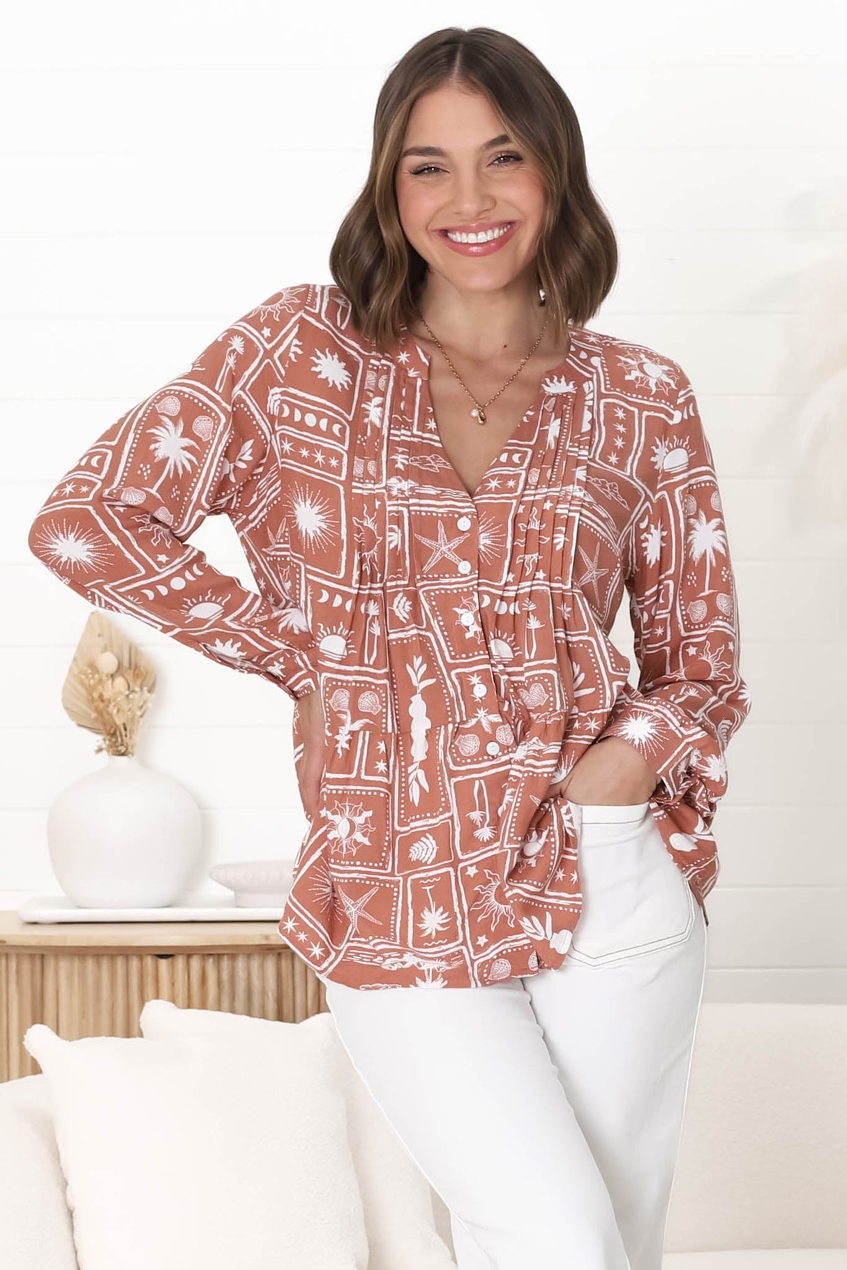 Lynn Blouse - Button Down Smock Top with Long Cuffed Sleeves in Cailan Print Rust