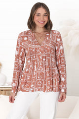 Lynn Blouse - Button Down Smock Top with Long Cuffed Sleeves in Cailan Print Rust