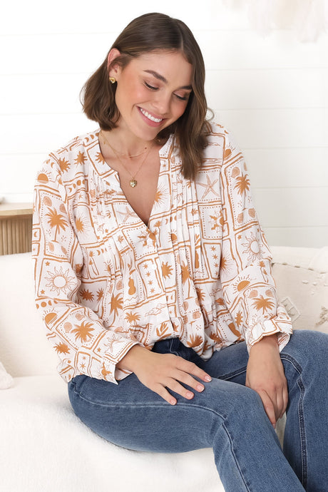 Lynn Blouse - Button Down Smock Top with Long Cuffed Sleeves in Cailan Print White