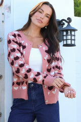 Lynnie Cardigan - Round Neck Button Down Knit with Heart Graphic Motif in Pink