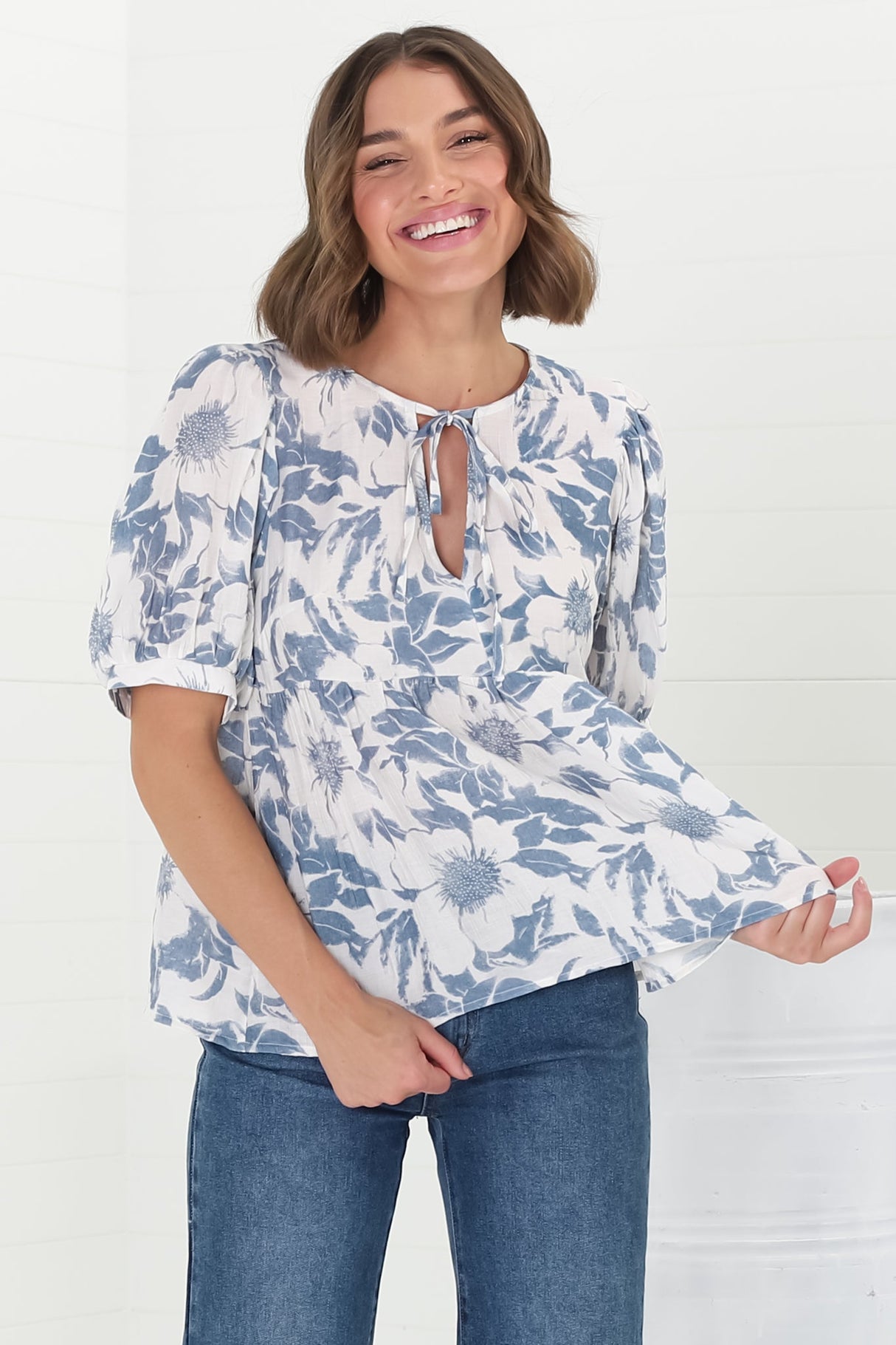 Lyric Blouse - V-Neck Smock Top with Short Balloon Sleeves in Lauri Print Blue