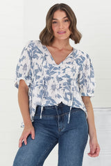 Lyric Blouse - V-Neck Smock Top with Short Balloon Sleeves in Lauri Print Blue