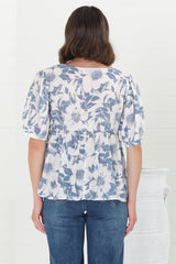 Lyric Blouse - V-Neck Smock Top with Short Balloon Sleeves in Lauri Print Blue