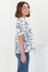 Lyric Blouse - V-Neck Smock Top with Short Balloon Sleeves in Lauri Print Blue