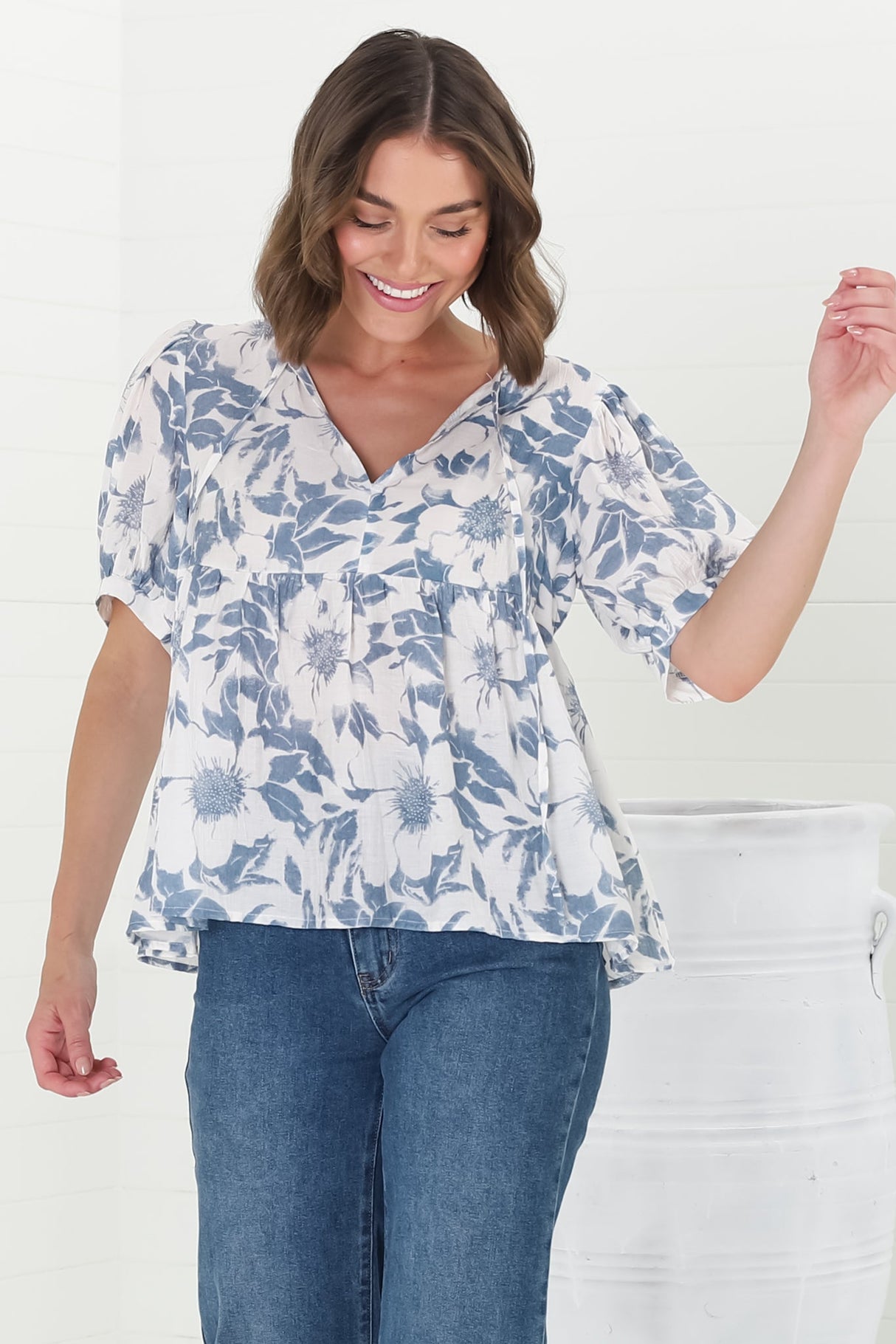 Lyric Blouse - V-Neck Smock Top with Short Balloon Sleeves in Lauri Print Blue