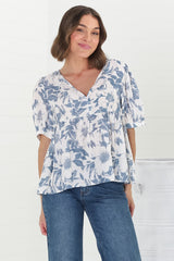 Lyric Blouse - V-Neck Smock Top with Short Balloon Sleeves in Lauri Print Blue