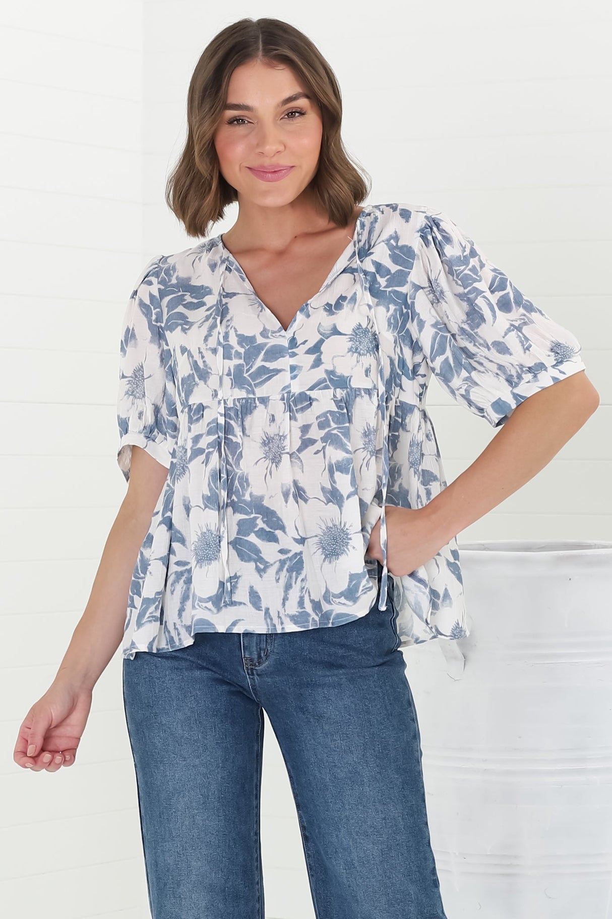 Lyric Blouse - V-Neck Smock Top with Short Balloon Sleeves in Lauri Print Blue