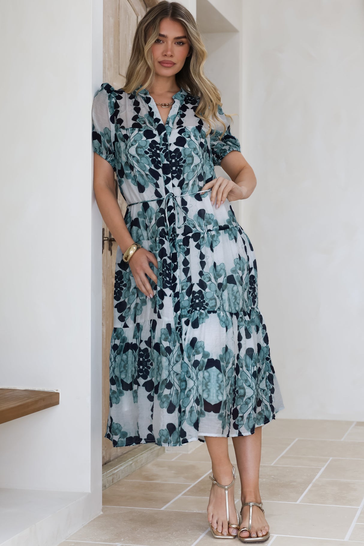 Lysa Midi Dress - Mandarin Collar Button Down Dress with Waist Tie in Calea Print Blue