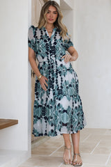 Lysa Midi Dress - Mandarin Collar Button Down Dress with Waist Tie in Calea Print Blue