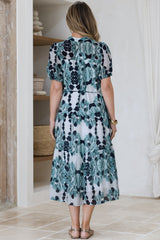 Lysa Midi Dress - Mandarin Collar Button Down Dress with Waist Tie in Calea Print Blue