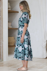 Lysa Midi Dress - Mandarin Collar Button Down Dress with Waist Tie in Calea Print Blue