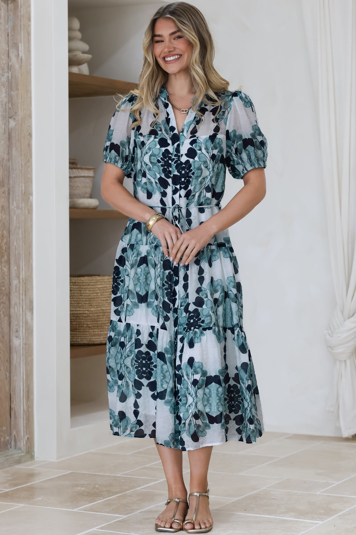 Lysa Midi Dress - Mandarin Collar Button Down Dress with Waist Tie in Calea Print Blue