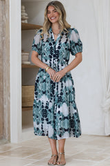 Lysa Midi Dress - Mandarin Collar Button Down Dress with Waist Tie in Calea Print Blue