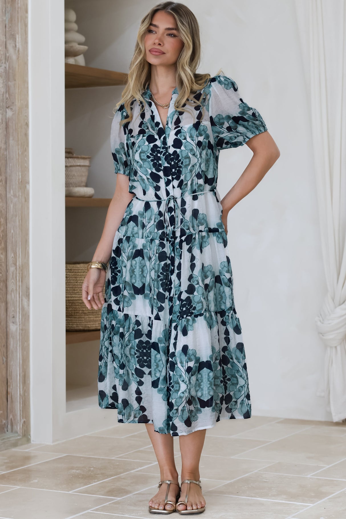 Lysa Midi Dress - Mandarin Collar Button Down Dress with Waist Tie in Calea Print Blue