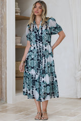Lysa Midi Dress - Mandarin Collar Button Down Dress with Waist Tie in Calea Print Blue