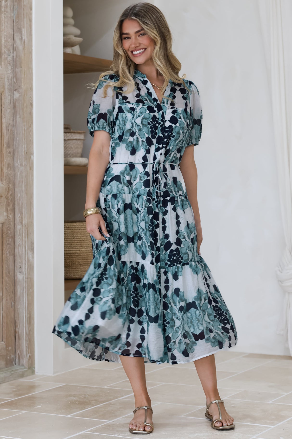 Lysa Midi Dress - Mandarin Collar Button Down Dress with Waist Tie in Calea Print Blue