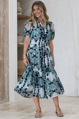 Lysa Midi Dress - Mandarin Collar Button Down Dress with Waist Tie in Calea Print Blue