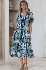 Lysa Midi Dress - Mandarin Collar Button Down Dress with Waist Tie in Calea Print Blue