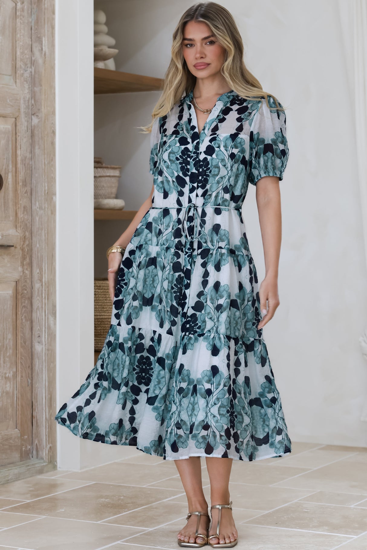 Lysa Midi Dress - Mandarin Collar Button Down Dress with Waist Tie in Calea Print Blue