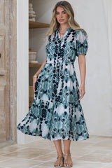 Lysa Midi Dress - Mandarin Collar Button Down Dress with Waist Tie in Calea Print Blue