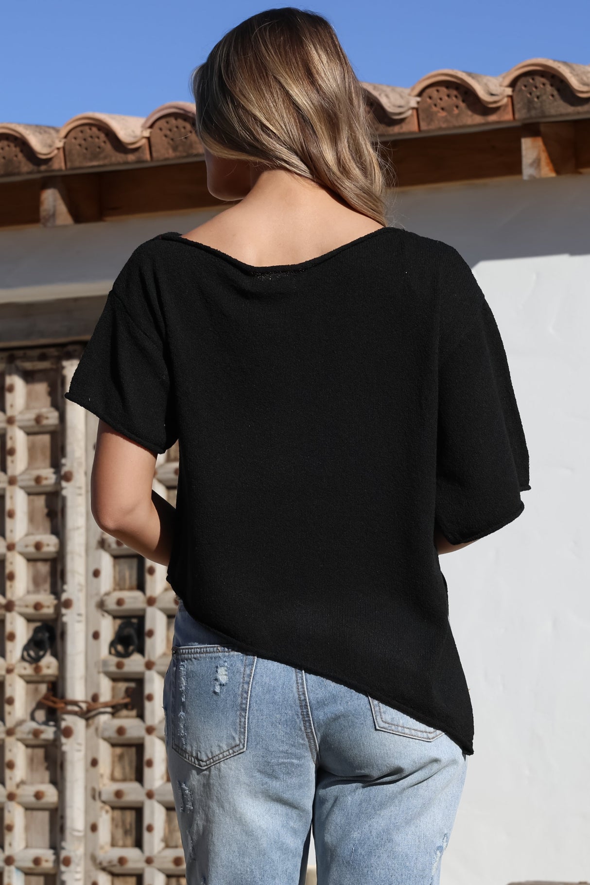 Lysandra Knit Top - Slouchy Asymmetrical Neckline Top in Black