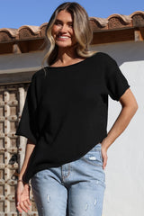 Lysandra Knit Top - Slouchy Asymmetrical Neckline Top in Black