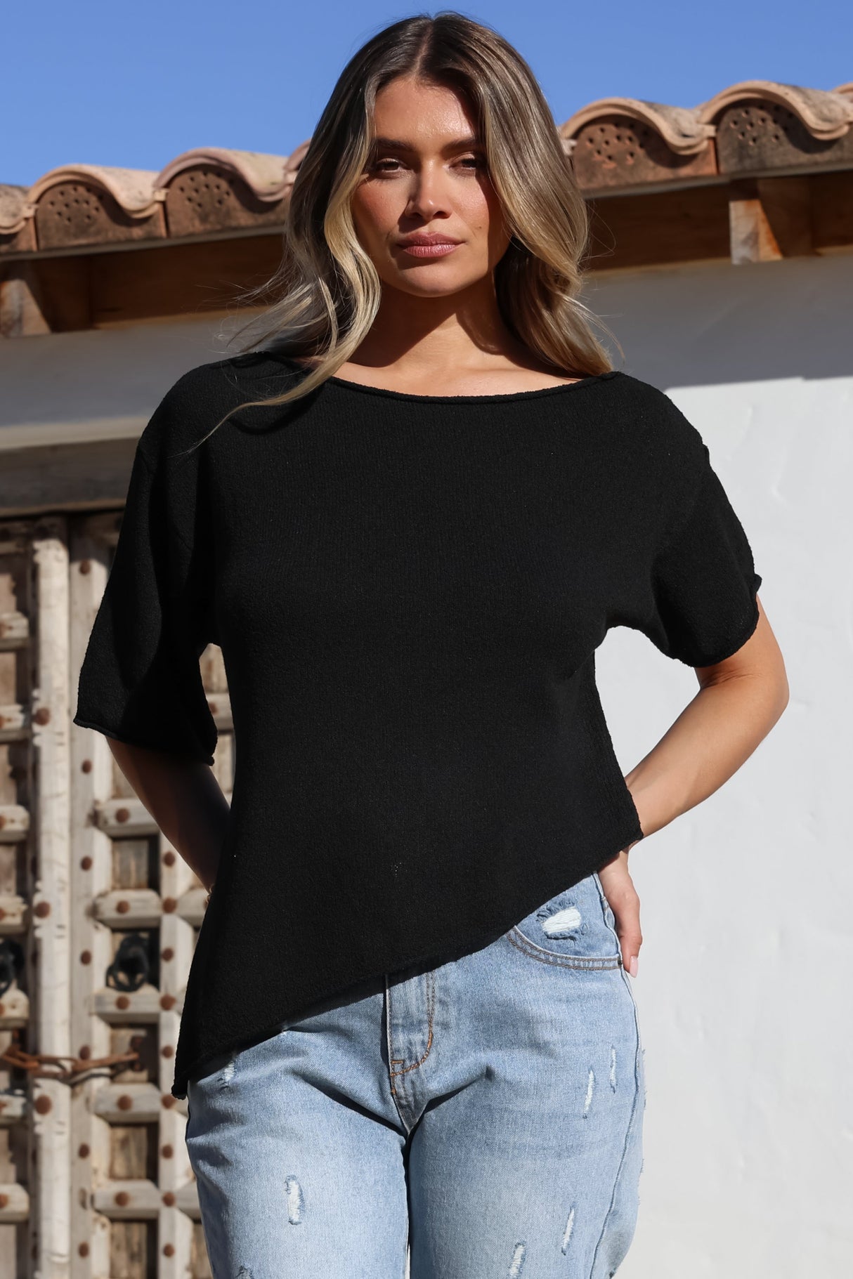 Lysandra Knit Top - Slouchy Asymmetrical Neckline Top in Black