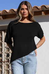 Lysandra Knit Top - Slouchy Asymmetrical Neckline Top in Black