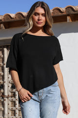 Lysandra Knit Top - Slouchy Asymmetrical Neckline Top in Black