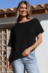 Lysandra Knit Top - Slouchy Asymmetrical Neckline Top in Black